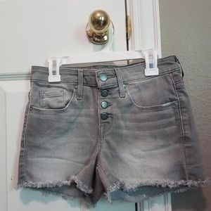 Grey high rise denim shorts, 4 button detailing